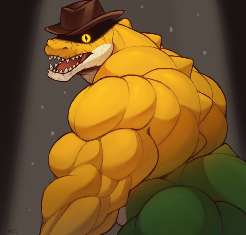 1boy, ariswuffo, ass, bara, biceps, commentary, cowboy_hat, crocodile_boy, crocodilian_tail, english_commentary, fangs, furry, furry_male, glowing, glowing_eyes, gummigoo, hat, highres, male_focus, muscular, muscular_male, open_mouth, tail, the_amazing_digital_circus
