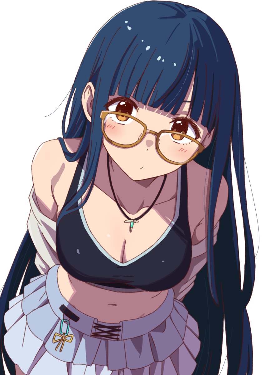 1girl, absurdres, arms_behind_back, bespectacled, black_sports_bra, blunt_bangs, breasts, brown-framed_eyewear