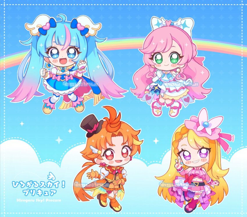 1boy, 3girls, :d, ahoge, ankle_boots, antenna_hair, arm_at_side, arm_bow