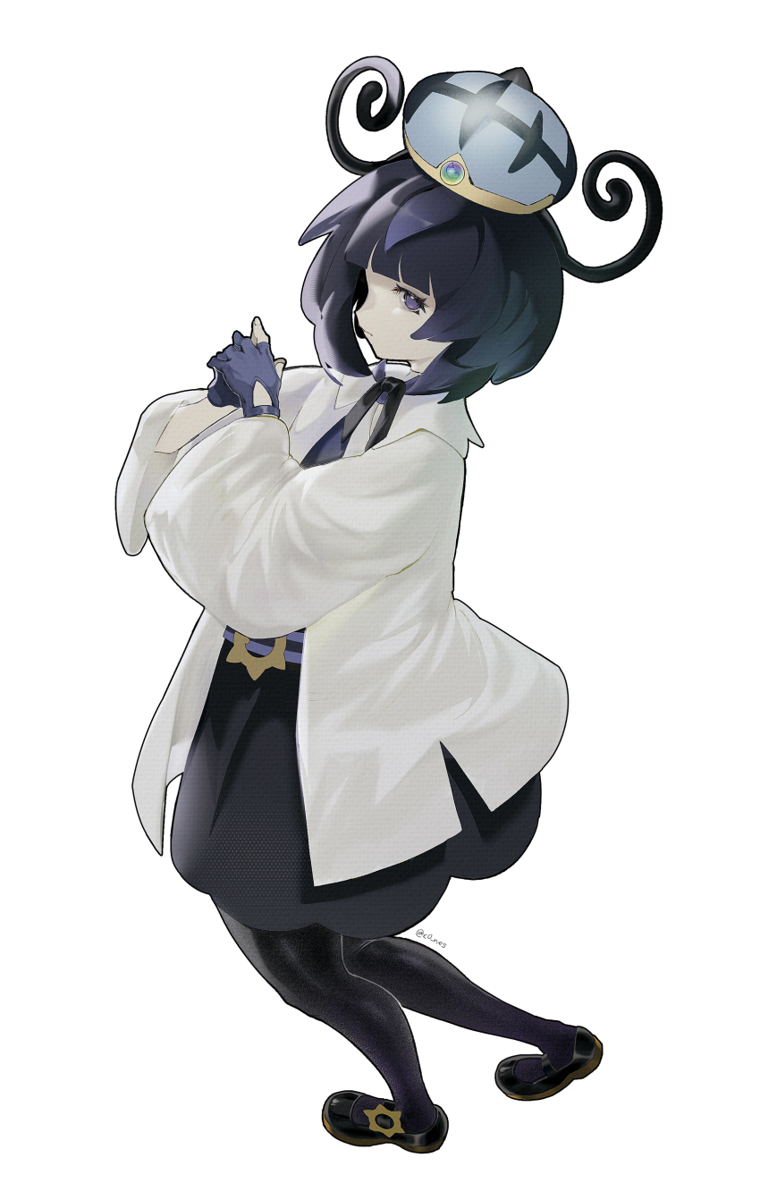 1girl, absurdres, belt, black_dress, black_hair, black_pantyhose, black_shoes, blue_gloves