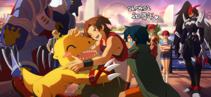 2girls, 4boys, ;d, agumon_(digimon_savers), anniversary, armor, asymmetrical_wings, between_breasts