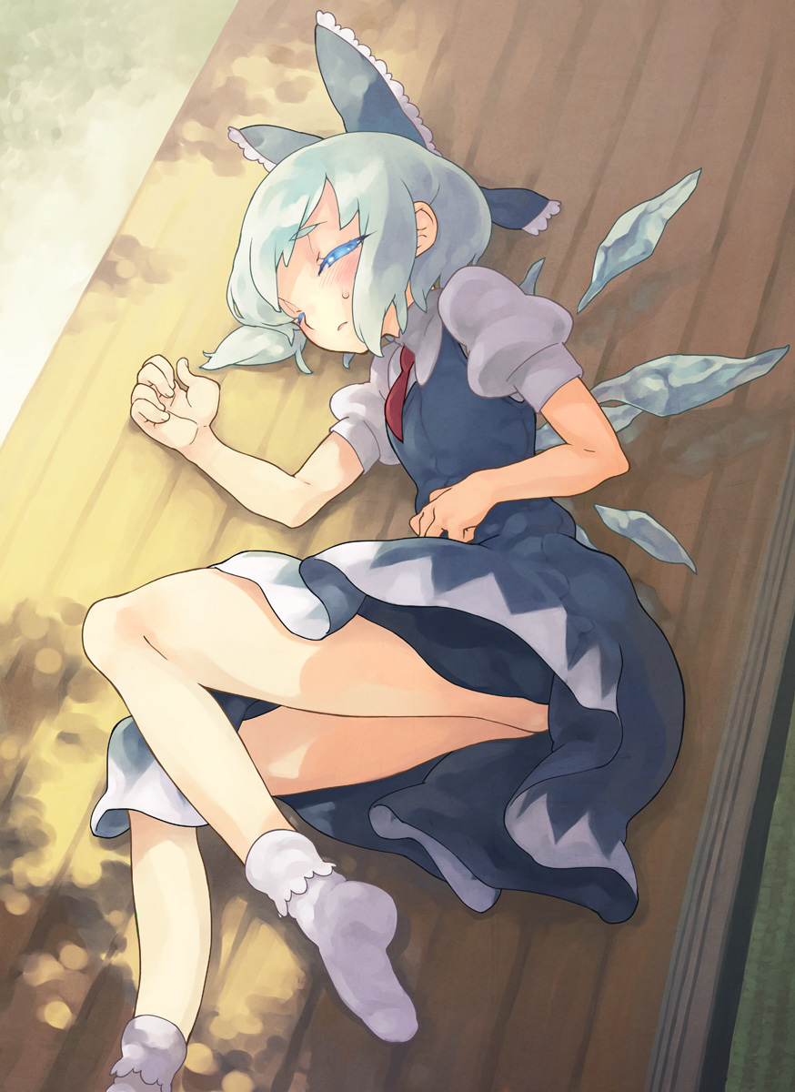 1girl, blue_eyes, blue_hair, bow, cirno, dress, female_focus, full_body, hair_bow, highres, lying, open_mouth, short_hair, socks, solo, touhou, utadokei, white_socks, wings