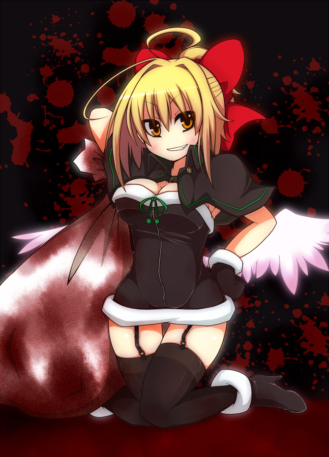 >:d, 1girl, :d, ahoge, angel_wings, bag, black_santa_costume, black_thighhighs, blonde_hair, blood, blood_stain, boots, bow, breasts, capelet, cleavage, demon, dress, earlgrey, female_focus, fur_trim, garter_belt, garter_straps, gengetsu_(touhou), gloves, grin, hair_bow, hand_on_own_hip, hip_focus, kneeling, lotus_land_story, low_wings, medium_breasts, no_nose, open_mouth, ponytail, red_bow, sack, santa_costume, short_dress, smile, solo, thighhighs, touhou, touhou_(pc-98), v-shaped_eyebrows, wings, yellow_eyes, zettai_ryouiki