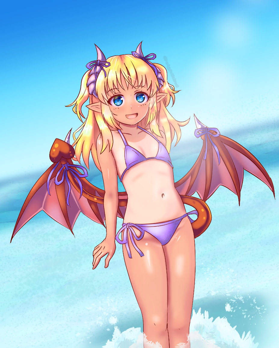 1girl, alice_(monster_girl_encyclopedia), atuba, bikini, blonde_hair, blue_eyes, blush, commentary_request