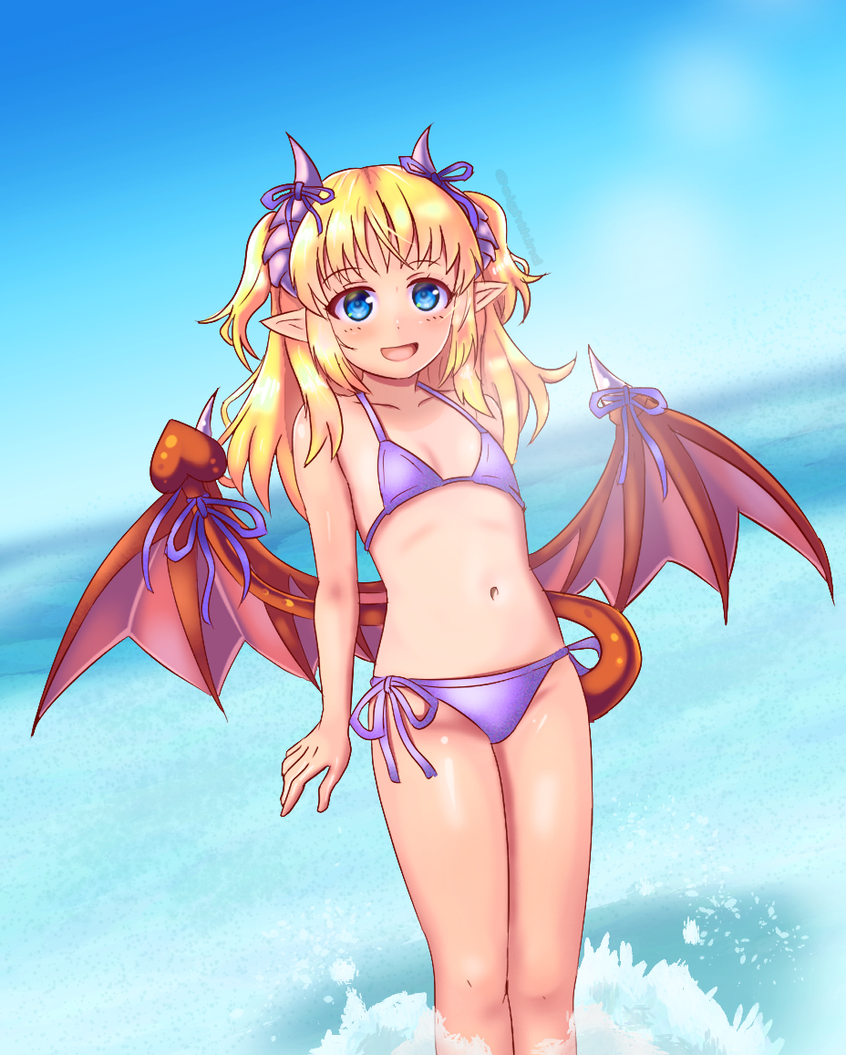1girl, alice_(monster_girl_encyclopedia), atuba, bikini, blonde_hair, blue_eyes, blush, commentary_request