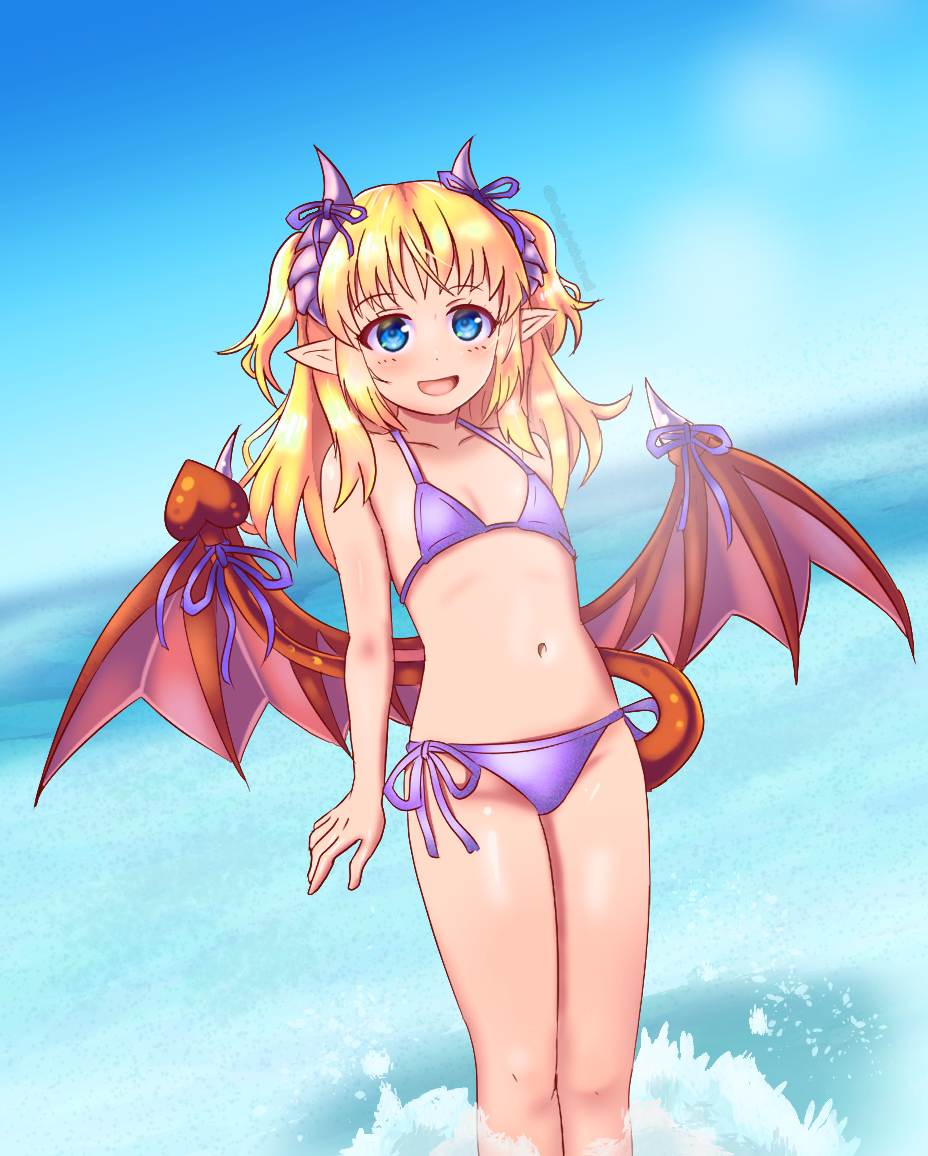 1girl, alice_(monster_girl_encyclopedia), atuba, bikini, blonde_hair, blue_eyes, blush, commentary_request