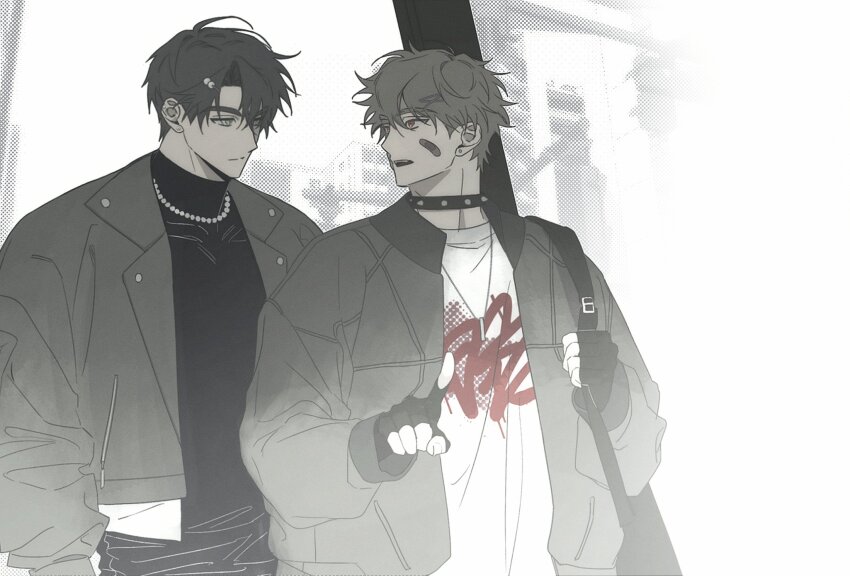 2boys, 4littlemore, bandaid, bandaid_on_face, black_choker, black_gloves, black_hair, black_jacket