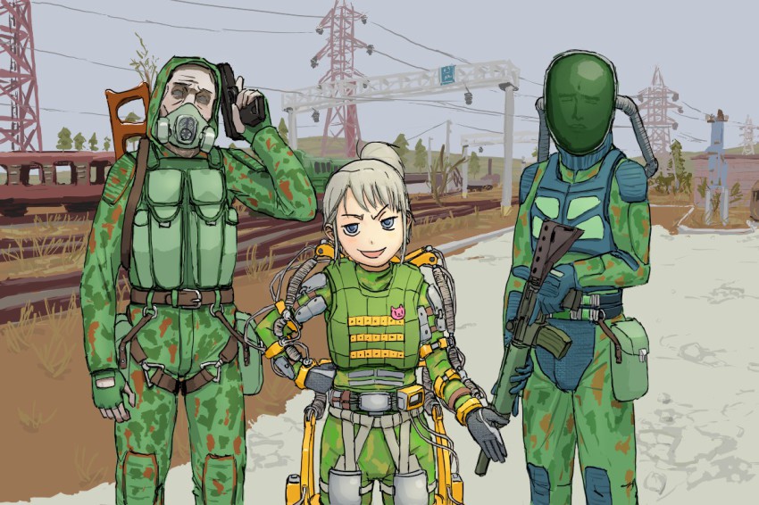 1girl, 2boys, abe_takakazu, assault_rifle, blue_eyes, camouflage, child, empty_eyes