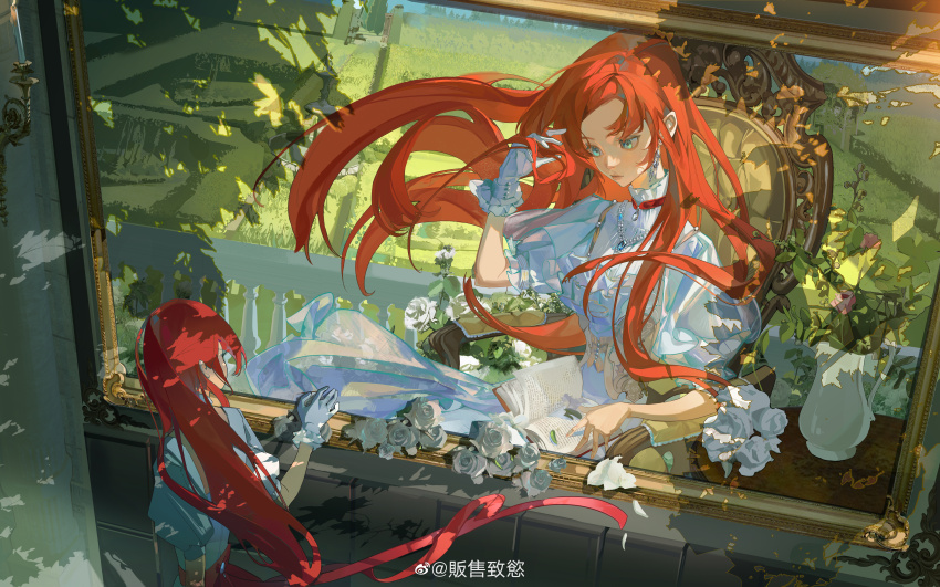 1girl, absurdres, armchair, book, candlestand, chair, chinese_commentary, choker