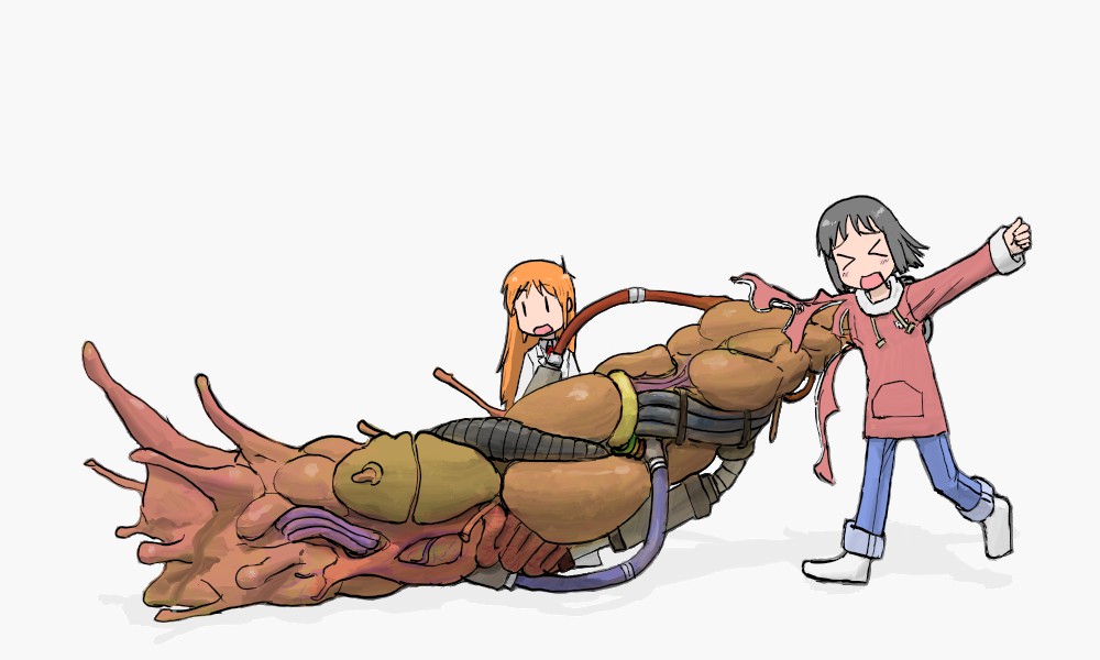 >_<, 2girls, :o, akira_(manga), child, closed_eyes, crossover, kangaroo_(artist), multiple_girls, nichijou, parody, professor_shinonome, shinonome_nano, simple_background, torn_clothes