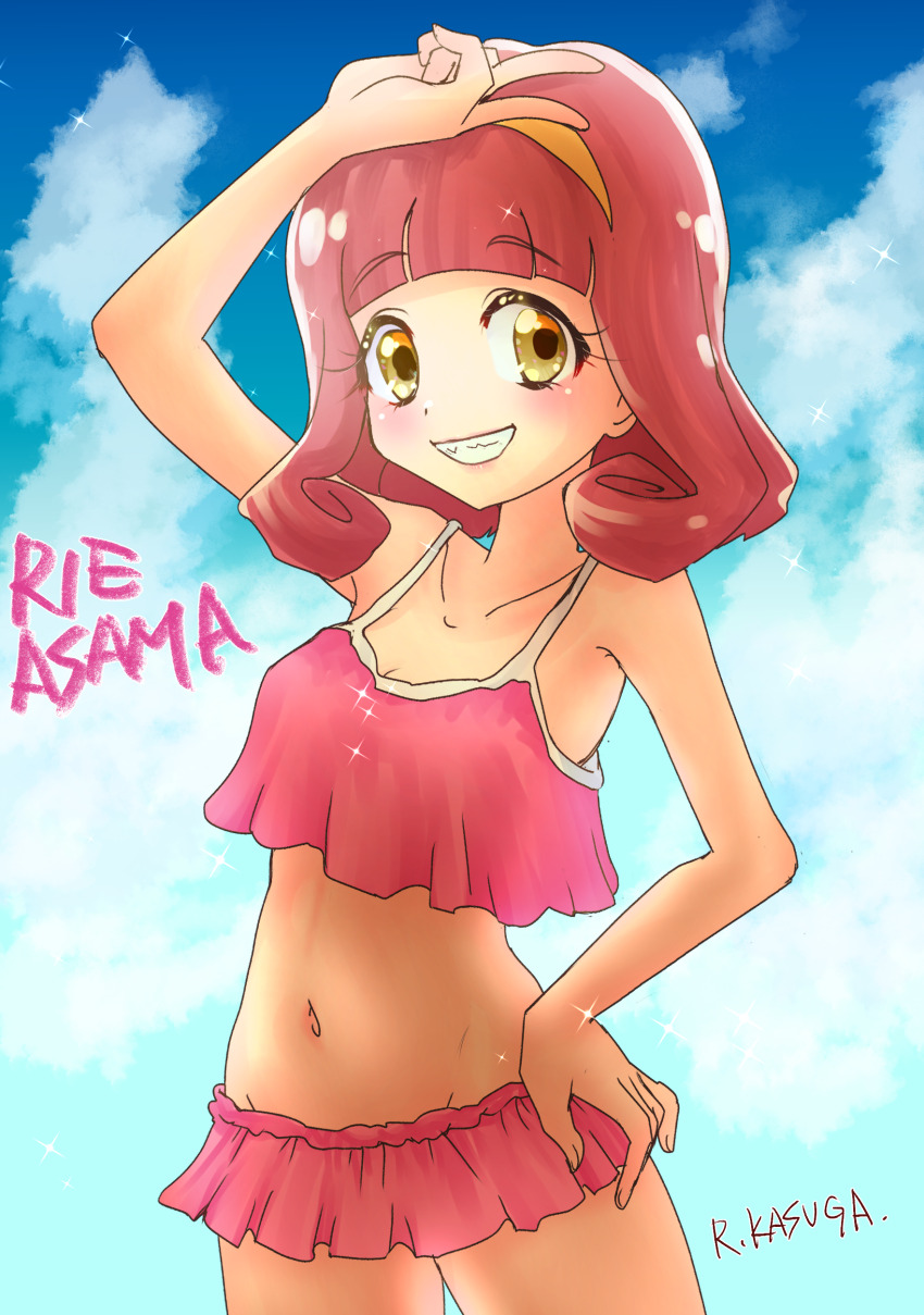 1girl, absurdres, artist_name, asama_rie, bikini, bikini_skirt, blue_sky, character_name, cloud, cloudy_sky, commentary, cowboy_shot, day, frilled_bikini, frills, grin, groin, hairband, hand_on_own_hip, highres, kasuga_rurito, looking_at_viewer, medium_hair, meitantei_precure!, navel, outdoors, precure, purple_bikini, purple_hair, sky, smile, solo, standing, swimsuit, v, yellow_eyes, yellow_hairband