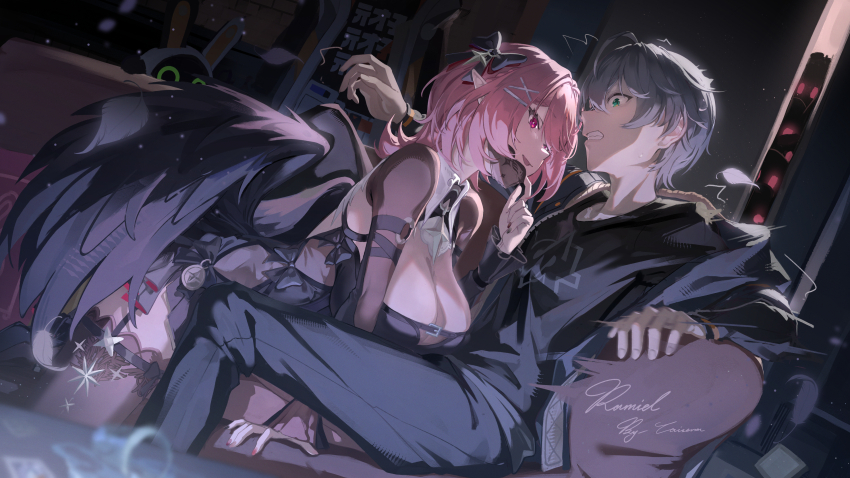 1girl, absurdres, artist_name, black_bow, black_garter_straps, black_shrug, black_thighhighs, black_wings