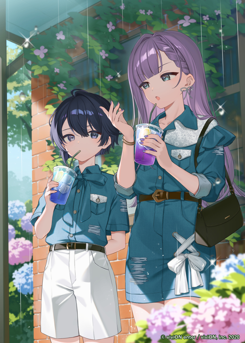 2boys, :o, absurdres, ahoge, bag, belt, black_hair, blunt_bangs