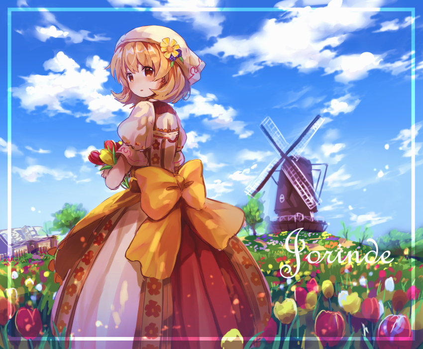 1girl, az_9649, back_ribbon, backless_outfit, blonde_hair, brown_eyes, character_name, cloud, cloudy_sky, field, flower, flower_field, grimms_notes, hair_between_eyes, highres, holding, holding_flower, jorinde_(grimms_notes), jorinde_(original)_(grimms_notes), light_blush, looking_at_viewer, outdoors, parted_lips, puffy_short_sleeves, puffy_sleeves, red_flower, ribbon, short_hair, short_sleeves, sky, solo, standing, tree, white_flower, windmill, yellow_flower, yellow_ribbon