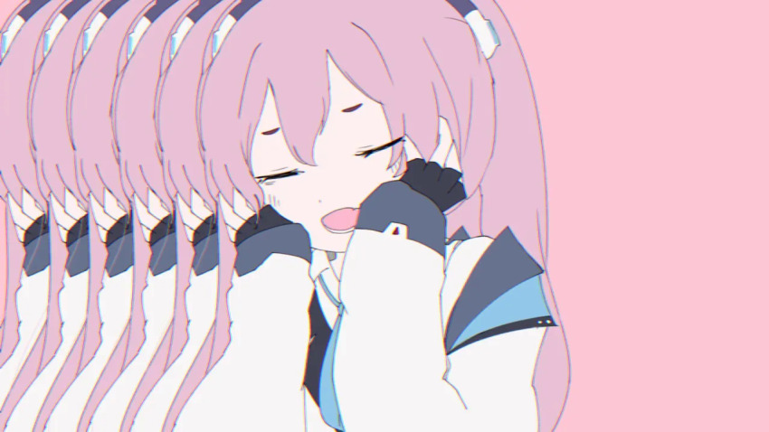 1girl, :d, black_gloves, blue_archive, blue_necktie, blush, closed_eyes, fang