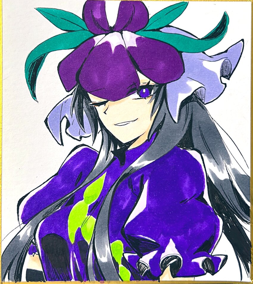 1girl, black_hair, dress, highres, leaf_print, liliecstyle, long_hair, looking_at_viewer