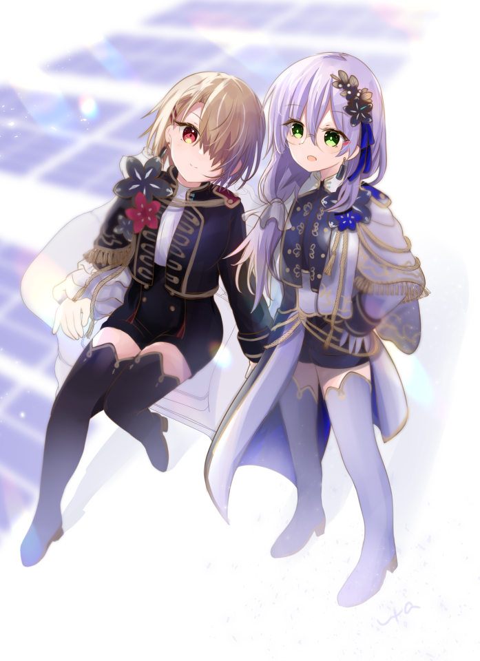2girls, brown_hair, epaulettes, green_eyes, grey_hair, hair_ornament, hair_over_one_eye, hair_tie