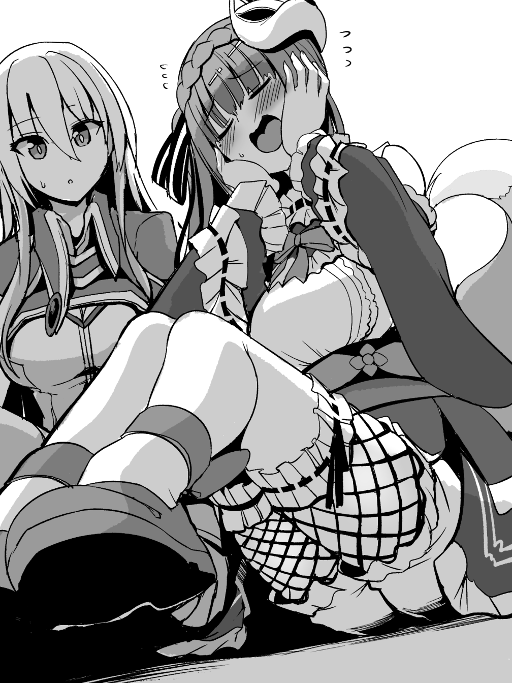 2girls, blush, bow, bowtie, braid, capelet, hands_on_own_cheeks, hands_on_own_face, heaven_burns_red, highres, kenpi_(hs-totyu), kiryuu_miya, kiryuu_miya_(vulpine_mystique), long_hair, monochrome, multiple_girls, open_mouth, shirakawa_yuina, sweatdrop