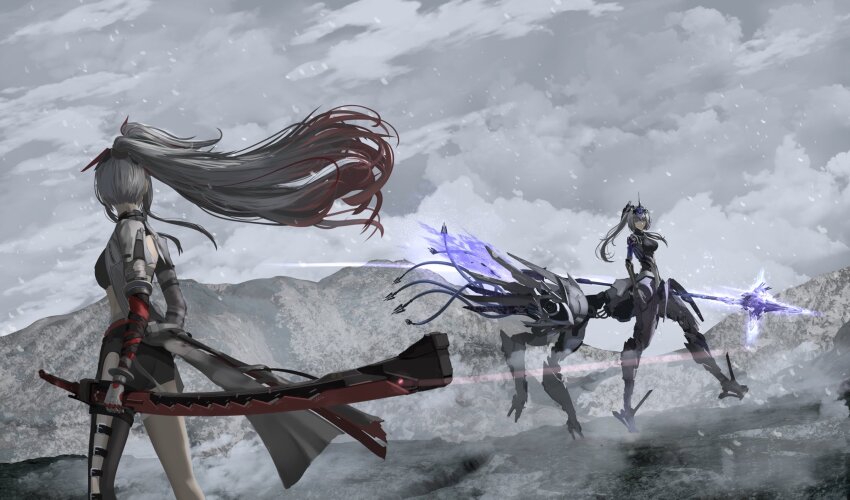 2girls, alpha:_crimson_weave_(pgr), alpha_(pgr), asymmetrical_pants, backless_jacket, battle, black_sports_bra, breasts