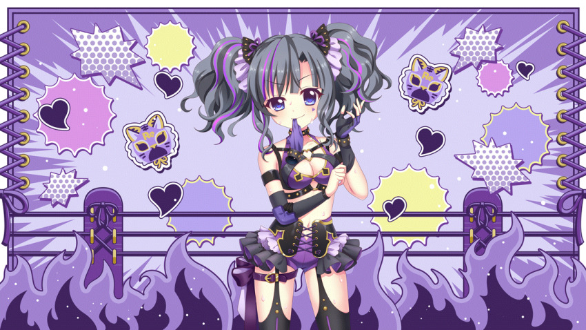 >:), 1girl, :d, bare_shoulders, black_gloves, black_hair, black_skirt, black_thighhighs