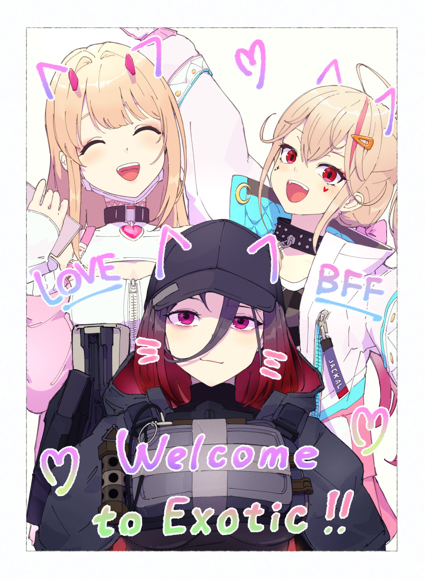 3girls, :d, absurdres, ahoge, arm_up, bandeau, baseball_cap, black_bodystocking