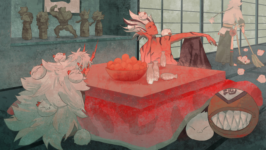 2boys, 3boys, absurdres, bottle, broom, chain, character_request, colored_skin, commentary, gensyuuu, highres, hoshiguma_douji_(onmyoji), knee_up, kotatsu, long_hair, male_focus, multiple_boys, onmyoji, red_skin, sake_bottle, short_hair, shuten_douji_(onmyoji), sitting, sweeping, table, topless_male, very_long_hair, white_hair