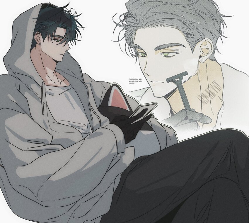 1boy, 4littlemore, animal_ear_helmet, animal_ears, animal_ears_helmet, animal_helmet, barcode, barcode_tattoo, black_gloves, black_hair, black_pants, cat_ears, cat_helmet, crew_neck, crossed_legs, earrings, gloves, green_eyes, grey_hoodie, hair_slicked_back, helmet, highres, holding, holding_phone, holding_razor, holding_unworn_helmet, hood, hood_up, hoodie, jewelry, korean_text, male_focus, multiple_views, neck_tattoo, pants, phone, razor, robo_frostor, safety_razor, shaving, shaving_beard, shirt, short_hair, simple_background, skoshism, stud_earrings, tattoo, unworn_headwear, unworn_helmet, virtual_youtuber, white_background, white_shirt