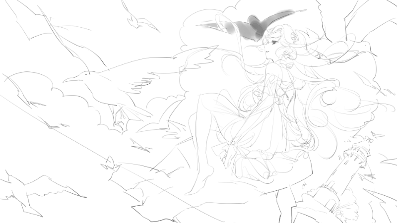 1girl, animated, animated_gif, asymmetrical_sleeves, barefoot, bird, blown_away, blue_choker