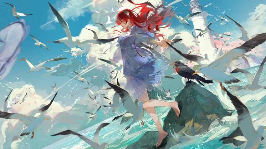 1girl, absurdres, asymmetrical_sleeves, barefoot, bird, blown_away, blue_choker, blue_dress