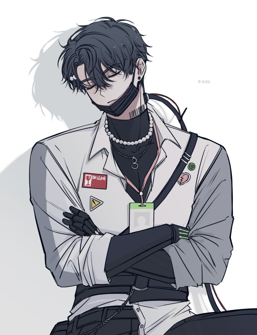 1boy, barcode, barcode_tattoo, belt, black_belt, black_bodysuit, black_hair, black_mask