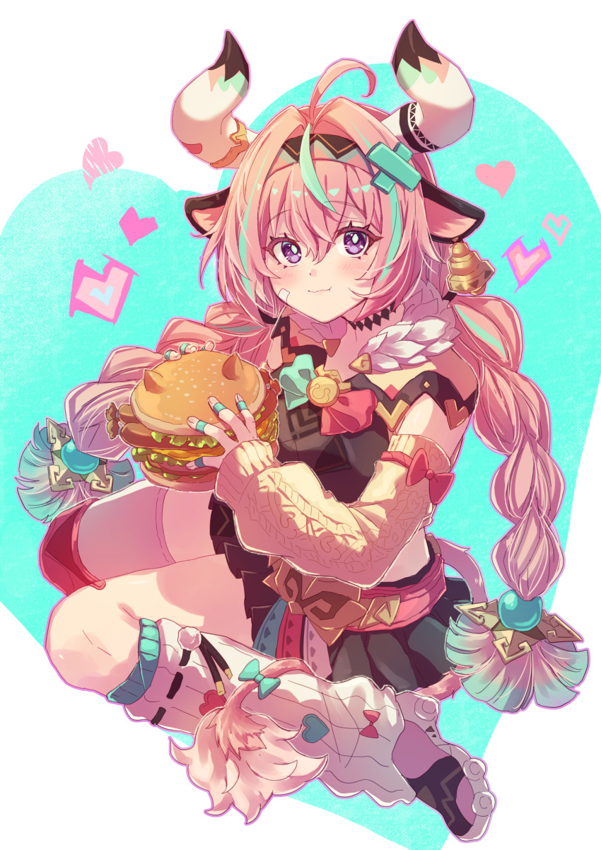 1girl, 24mbb, ahoge, animal_ears, aqua_hair, braid, burger, cow_ears, cow_girl, cow_horns, food, genshin_impact, highres, horns, long_hair, multicolored_hair, pink_hair, purple_eyes, solo, streaked_hair, tail, twin_braids, varesa_(genshin_impact)