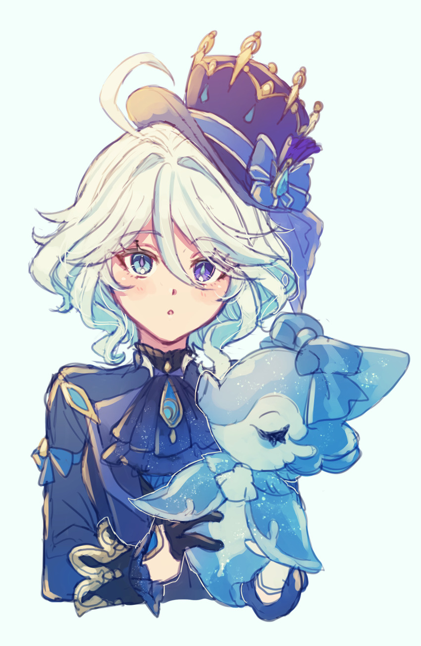 1girl, 24mbb, ahoge, blue_eyes, blue_hair, blue_hat, furina_(genshin_impact), genshin_impact