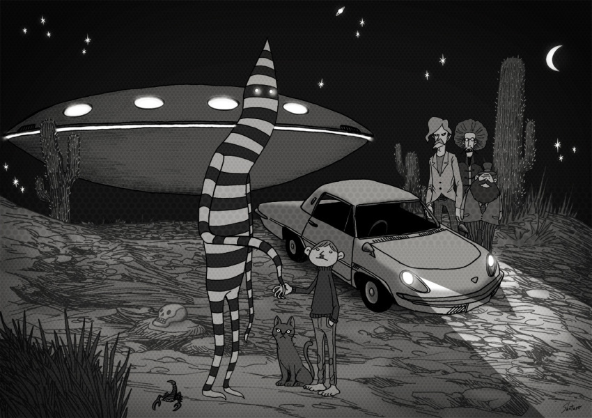 1other, 4boys, afro, alien, animal, barefoot, beard, cactus, car, cat, crescent_moon, desert, facial_hair, flying_saucer, full_body, glowing, glowing_eyes, hand_in_pocket, handshake, hat, male_focus, mazda, mazda_cosmo, monochrome, moon, motor_vehicle, multiple_boys, mustache, night, original, outdoors, pants, pinstripe_pants, pinstripe_pattern, scorpion, skull, spacecraft, standing, star_(symbol), striped, sweater, top_hat, uetsuji_shotaro_(ua2g), ufo