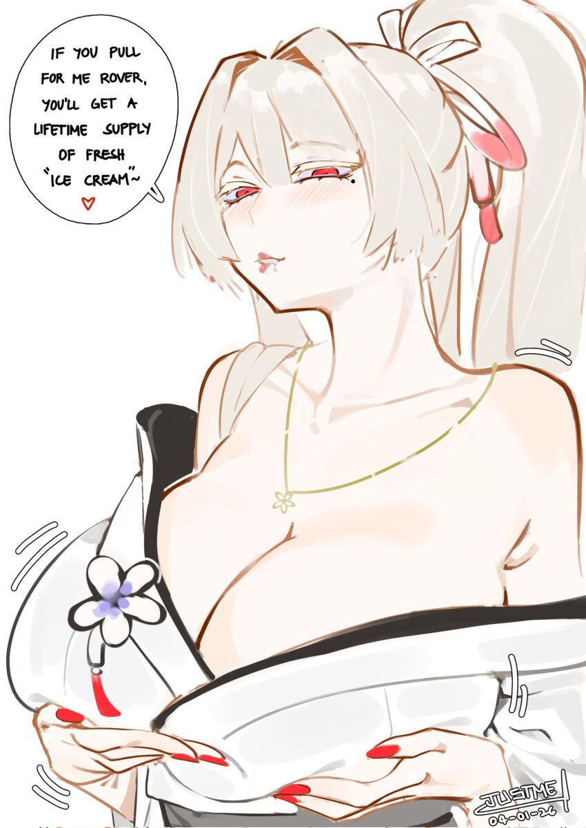 1girl, bare_shoulders, biting_own_lip, blush, breasts, cleavage, collarbone, colored_eyelashes