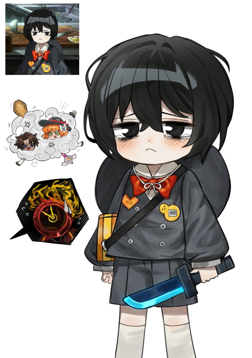 1girl, 1mingk, 1other, 2boys, :<, absurdres, badge, black_eyes