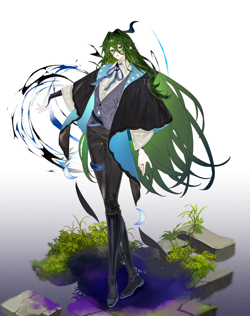 1boy, absurdres, ahoge, androgynous, black_boots, black_bridal_gauntlets, black_coat, black_eyes