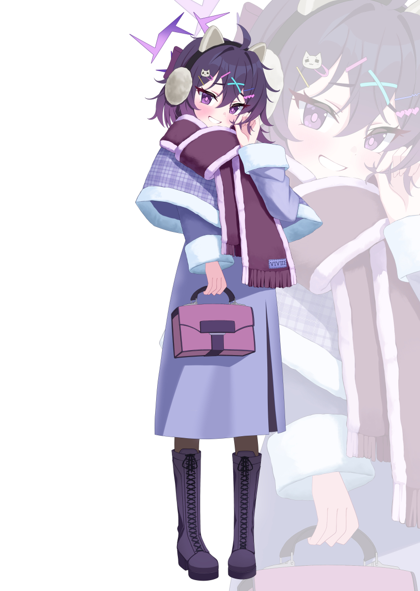 1girl, 82jhin, absurdres, alternate_costume, animal_ears, bag, blue_archive, boots