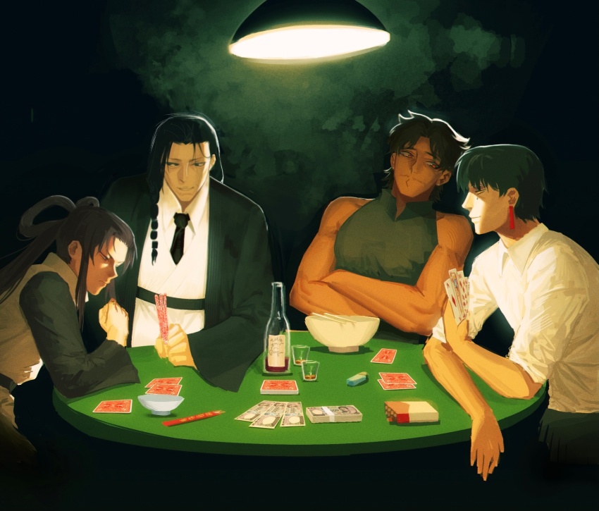 1girl, 3boys, bottle, bowl, chopsticks, cigarette, commentary, cup, drinking_glass, earrings, english_commentary, formal_clothes, highres, hokuto_(kagurabachi), jewelry, kagurabachi, lighter, multiple_boys, necktie, poker, poker_table, seaweedtofusoup, side_ponytail, suit, table, uran_(kagurabachi), wine_bottle, wine_glass, yen, yura_(kagurabachi)