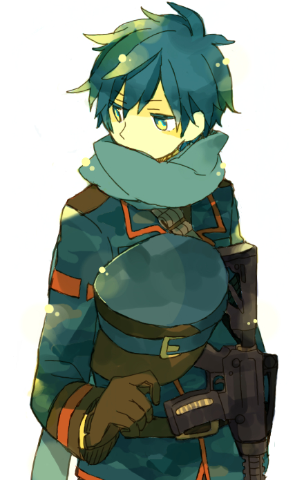 1boy, bad_id, bad_pixiv_id, blue_eyes, blue_hair, gloves, gun, hat, kaito_(vocaloid), male_focus, matching_hair/eyes, military, military_uniform, peaked_cap, rifle, scarf, simple_background, solo, sorasuke_(akane), vocaloid, weapon