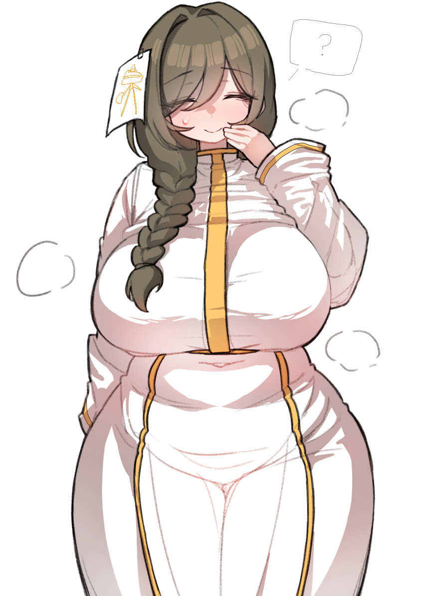 1girl, ?, ^_^, breasts, brown_hair, closed_eyes, commentary, covered_navel, curvy, doodle_leader_(trickcal), facing_viewer, highres, huge_breasts, kim_aendeo, korean_commentary, long_braid, long_hair, paper_on_head, simple_background, solo, spoken_question_mark, steaming_body, sweatdrop, trickcal, tunic, white_background, white_tunic
