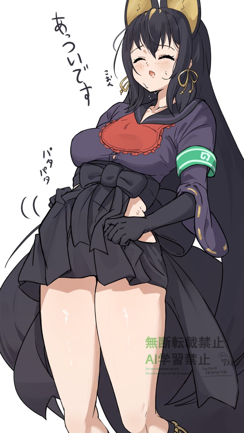 1girl, animal_ears, apron, black_hair, breasts, clothing_cutout, commentary_request, elbow_gloves