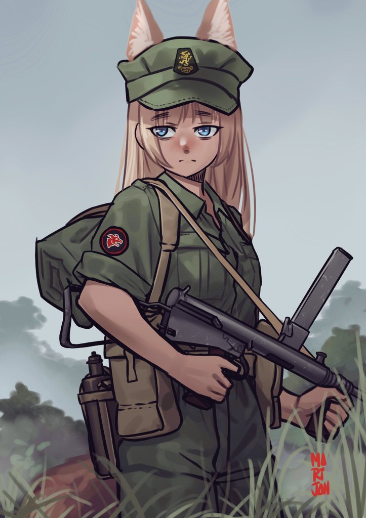 1girl, animal_ears, belt_pouch, blue_eyes, dutch_army, dutch_text, fox_ears, frown