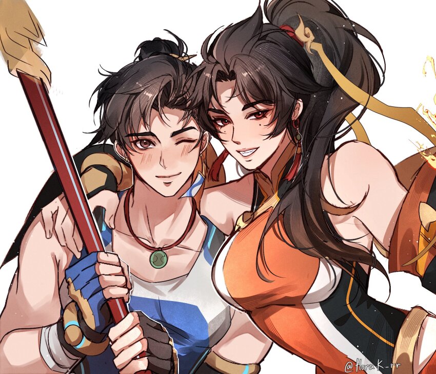 1boy, 1girl, anran_(overwatch), bare_shoulders, black_hair, blue_shirt, brother_and_sister, brown_eyes, commentary, detached_sleeves, earrings, high_ponytail, highres, holding, holding_polearm, holding_weapon, horak_rr, jewelry, looking_at_viewer, mole, mole_under_eye, necklace, orange_eyes, orange_shirt, overwatch, polearm, ponytail, shirt, siblings, tassel, twitter_username, untranslatable_commentary, upper_body, weapon, white_background, wuyang_(overwatch)