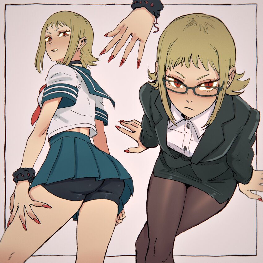 absurdres, bike_shorts, black-framed_eyewear, black_choker, blonde_hair, blue_sailor_collar, business_suit, chainsaw_man