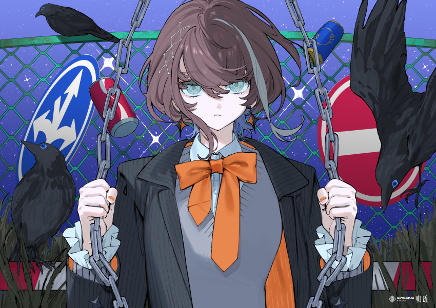 1girl, absurdres, aqua_eyes, asu_(sinsekai), bird, black_jacket, bow, bowtie