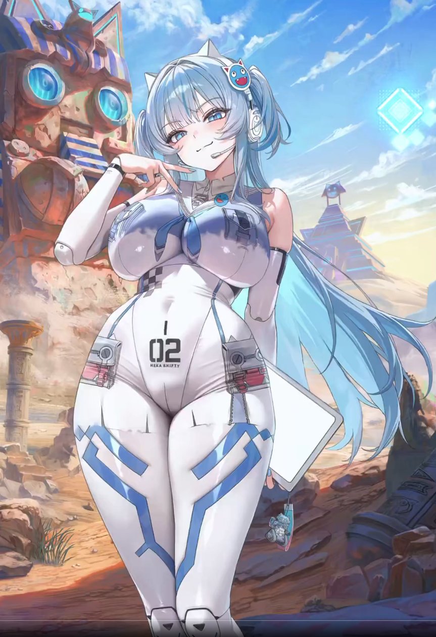 1girl, animal_ear_headphones, animal_ears, blue_eyes, blue_hair, blue_nails, blue_sky, blush