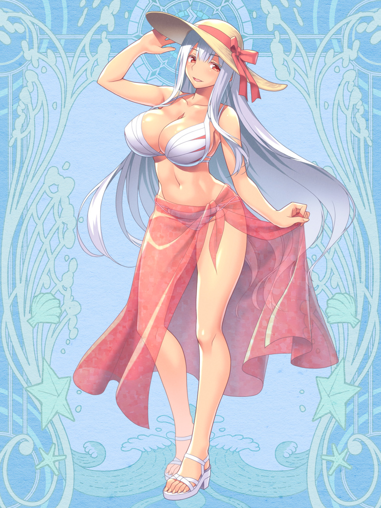 1girl, akito_akaishi, bikini, blue_background, bow, breasts, cleavage, dairoku_ryouhei