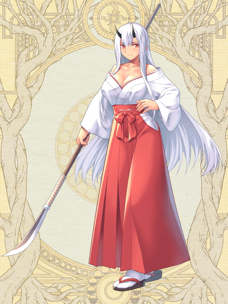 1girl, akito_akaishi, art_nouveau, black_horns, breasts, cleavage, dairoku_ryouhei, full_body