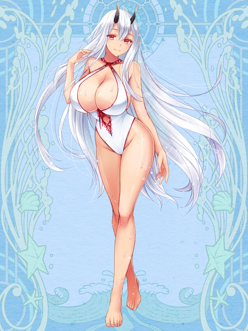 1girl, barefoot, black_horns, blue_background, breasts, cleavage, cleavage_cutout, clothing_cutout, dairoku_ryouhei, full_body, hair_between_eyes, hand_up, highres, horns, kannagi_yoruha, large_breasts, long_hair, looking_at_viewer, mizuna_umi, one-piece_swimsuit, red_eyes, smile, solo, standing, swimsuit, very_long_hair, wet, white_one-piece_swimsuit