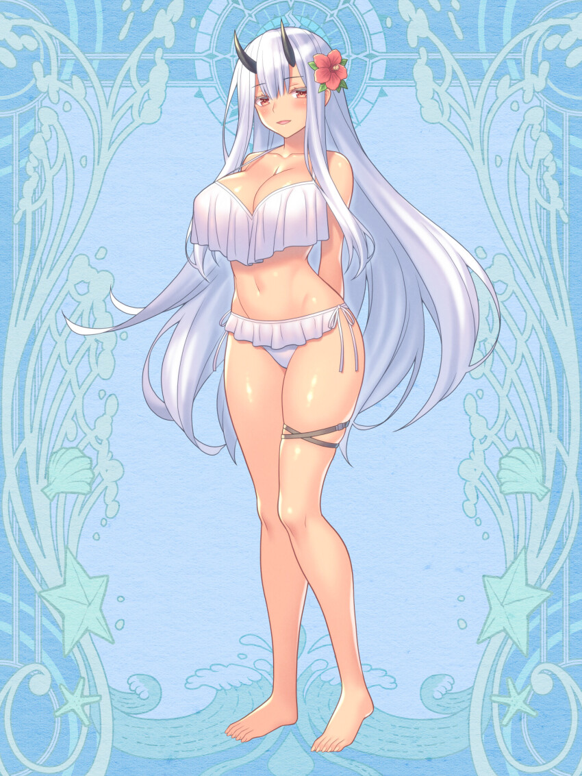 1girl, akito_akaishi, arms_behind_back, barefoot, bikini, black_horns, blue_background, blush